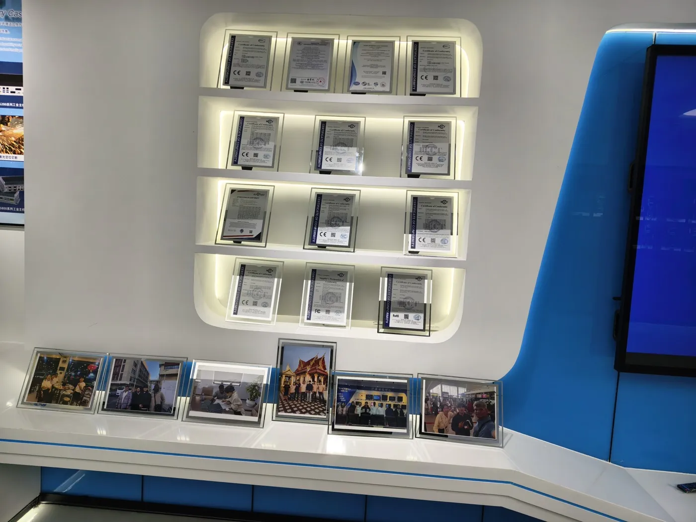 IPCtech certification wall with CE, RoHS and quality certificates